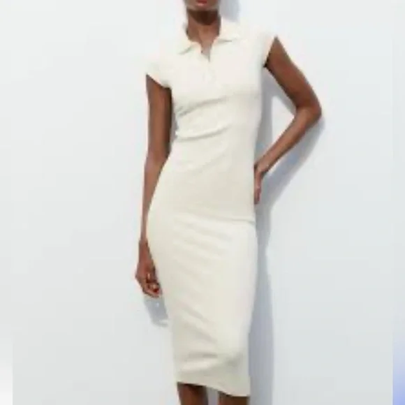 Zara Cream Cap Sleeve Midi Dress - Picture 1 of 5